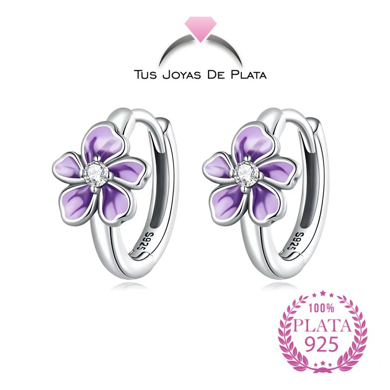 Pendientes de plata con flor morada o rosa delicada