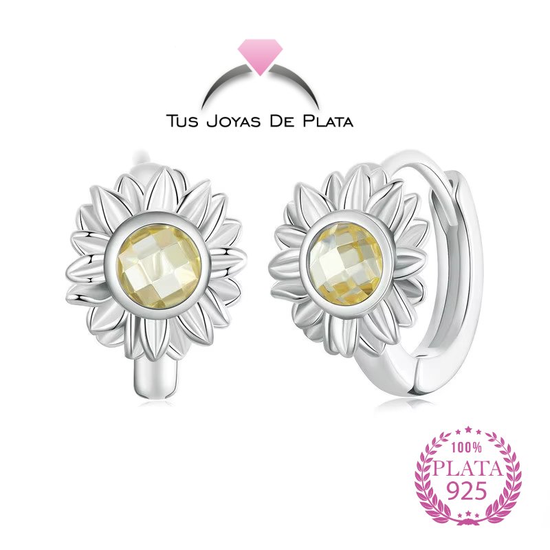 Pendientes de plata con flor y circonita amarilla