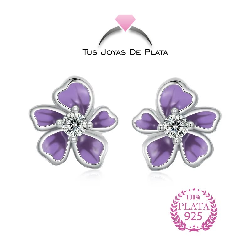 Pendientes de plata 925 con flor púrpura